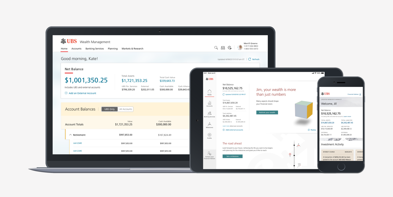 UBS Wealth Management — responsive experience across desktop, tablet, and mobile